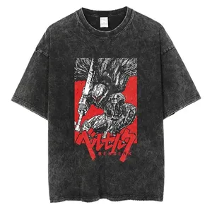 Anime Berserk Vintage Manga Acid Washed T Shirt Cotton Tees Hip Hop Streetwear Short Sleeves Trend Graphic Printed Tops