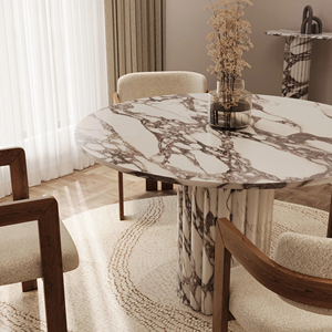 Tavolo da Pranzo Rotondo Lorenzo <span class=keywords><strong>in</strong></span> Calacatta Viola con Base Scanalata di Kumusi Furniture - Product Image 3