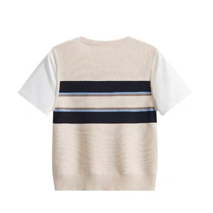 Striped Knit Short Sleeve Summer Women's <b>Top</b> Slim Fit <b>Patchwork</b> T-Shirt Navy Blue And Apricot ZY71 - Product Image 5