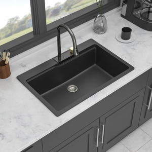 Ensemble d'évier de cuisine moderne sous plan 33x19 pouces, évier simple en <span class=keywords><strong>granit</strong></span> composite de quartz noir avec égouttoir - Product Image 3