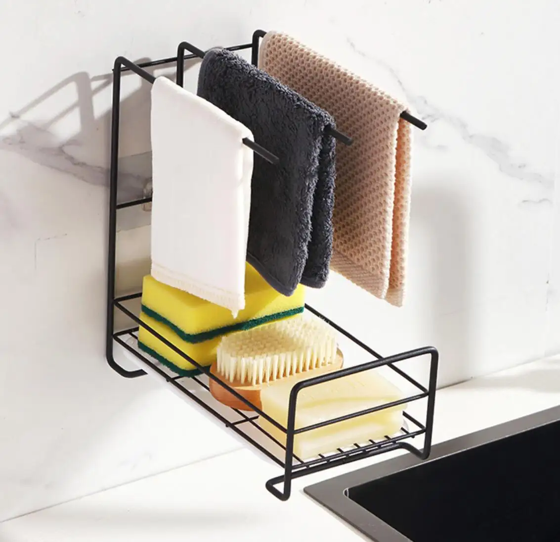 wall mounted Sponge Holder for Kitchen Sink Brush, Dish Towel, Sponge Sink Organizer Liquid Drainer Rack