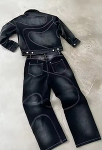 Veste <span class=keywords><strong>en</strong></span> jean d'automne décontractée et respirante à motif 3D rétro deux pièces lavées à l'acide de haute qualité personnalisées et pantalon évasé costume pour hommes - Product Image 3