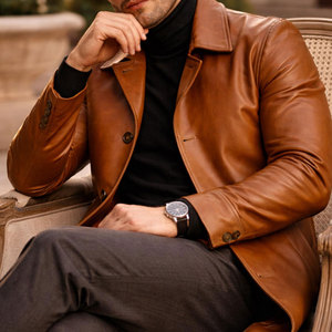 Wholesale <b>Men's</b> Genuine Leather <b>Coat</b> Breathable Satin Long <b>Trench</b> <b>Coat</b> Standard Size Single Overcoat Regular Fit Long Sleeve - Product Image 3