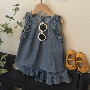 Ensemble deux pièces en jean sans manches style coréen pour petites filles, tenue d'été pour tous les jours - Product Image 1
