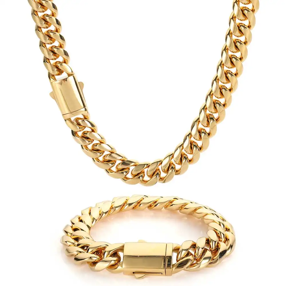 Nuoya Custom Logo Miami Cuban Link Ketting Voor Mannen Roestvrij Staal Hiphop Sieraden Vergulde Cubaanse Ketting