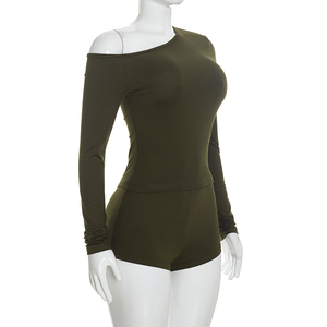 Viviblook D26ST371 Casual Sexy <b>Women</b> Solid Color Slash Shoulder <b>Long</b> Sleeved Top Tight Fitting Slimming <b>Shorts</b> Set - Product Image 2