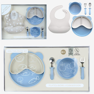 Silicone Baby Feeding <b>Set</b> With Bowl Plate Bib Fork Spoon Light Blue 0-12 Months - Product Image 2