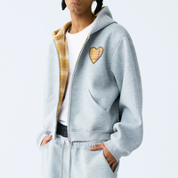 Sweat à capuche zippé uni pour homme, veste courte à capuche épaisse à carreaux, broderie cœur, streetwear pour homme