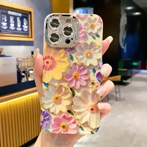 2024 Creative Rhinestone Oil Painting Flower Fashion Phone Case15promax 14pro Lens Film 13 12 11 Fall Proof 15plus For IPhone