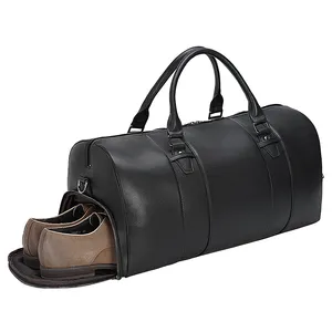 TIDING Fashion Black Calf Leather Weekender Overnight Gym Top Layer Genuine Leather Duffel Traveling Bag With Shoe Compartment