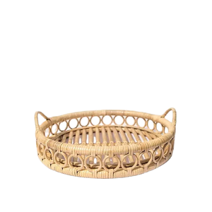 Plateau rond en rotin naturel avec poignée Boîte de rangement à motifs en treillis pour ustensiles de cuisine ou décorations pour la maison - Product Image 1