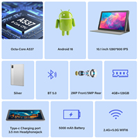 Tablet Android 16 de 10.1 Pulgadas, CPU Octa Core, 4+128GB Expandible, WiFi, BT 5.0, Ideal para Viajes y Entretenimiento Familiar