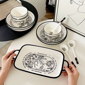 High Quality Factory Sale New Fashion Floral Style Black Rim Stoneware Dinnerware <b>Sets</b> <b>Microwave</b> & Dishwasher Safe - Product Image 3