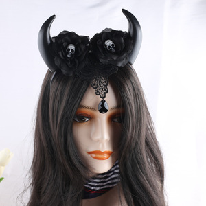 New Style Girl Halloween Costume Party Rose Flower Crown with Devil Horn Skull <b>Headband</b> - Product Image 1