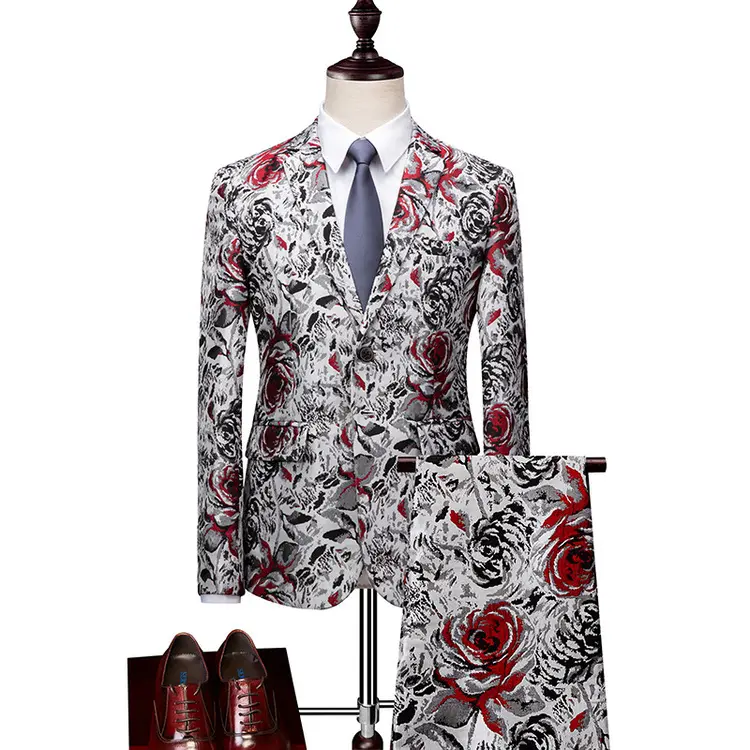 New Fashion Men's Flower Suit Set Slim Fit Business Suit 2 Pieces for Men