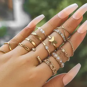 15Pcs/Set Wholesale New Design Personality Geometric Alloy Hollow Rings Carving Knuckle Butterfly Pearl Ring Set