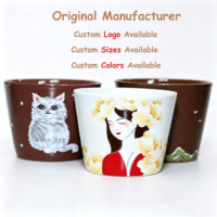 Pot à bougie en céramique fait main, style peint, motif chat et paysage floral, décoration artistique pour la maison, D9.5xH7.5cm, 230ml, durable, personnalisable