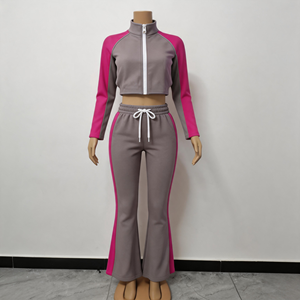 Completo da donna 2 pezzi streetwear con logo personalizzato, giacca corta con zip a blocchi di colore a righe e pantaloni svasati con coulisse, tuta sportiva per ragazze alte - Product Image 3