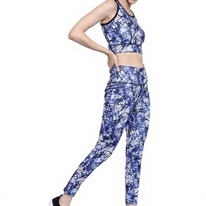 <b>Blue</b> Solid Yoga Set Mid Waist Full Length Leggings <b>Crop</b> <b>Top</b> Racerback Sleeveless Spandex/Nylon 2 Piece Customizable Workout Wear - Product Image 2