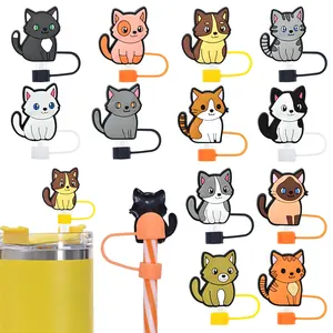 New Cartoon Cat 10mm Reusable Straw Silicone Cap Dust-Proof Silicone Straw Cap Stopper Tips Straw Tip Cover Cap Lid
