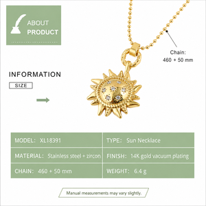 Collar con Colgante de Sol de Acero Inoxidable, Cadena de Bolas de Zirconia, Conector de Anillo Trenzado, Opciones de Color Dorado y Plateado - Product Image 2