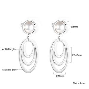 Boucles d'oreilles pendantes en acier inoxydable plaqué or 18 carats avec perles, double cercle ovale, perles rondes, pour femme - Product Image 2