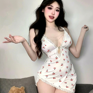 White Cherry Print Deep V <b>Suspender</b> Sleep Dress Women Sexy Soft Woven Nightwear - Product Image 1