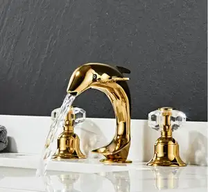 Luxe 3 Stuks Messing Gouden Dolfijn Badkamer Wastafel Kranen 3 Hole 2 Handvat Wastafel Kraan