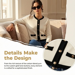 Custom <strong>Women</strong> Knit Sweater Tweed Style Contrast Trim Knit Cardigan OEM ODM Custom Logo Long Sleeve Cropped Knitwear Wholesale - Product Image 3