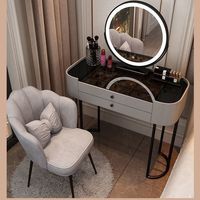 Coiffeuse de chambre à coucher avec panneau massif, éclairage intégré et rangement compact pour petits appartements