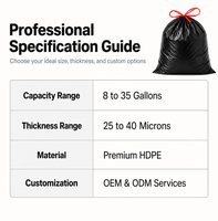 Sacs poubelles noirs à cordon en HDPE 35 microns, rouleau de 50 pièces, sacs poubelles sur mesure pour le nettoyage domestique