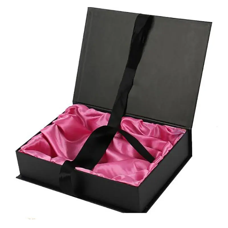 Kundendefiniertes Logo Luxus-Haarperückenverpackung schwarze Schachtel magnetverschluss starre Geschenkboxen mit Satinstoffeinsatz