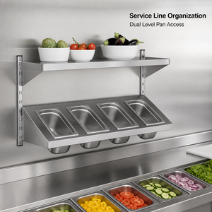 Heavy Duty Wall Mounted <b>Stainless</b> <b>Steel</b> Shelf with 4 Compartment GN Pan Rack Dual Level Ingredient Storage for Canteen Buffet - Product Image 3