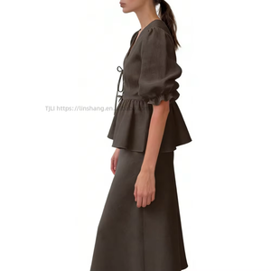 Conjunto de 2 Piezas para Mujer - Top con Mangas Abullonadas y Falda Midi, Atuendo Casual, Ropa de Mujer, Moda - Product Image 3