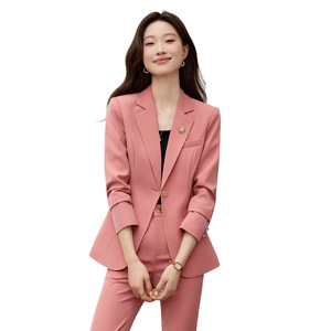 Women's Pink <b>Blazer</b> Suit <b>Set</b> Full Sleeve Polyester Formal Anti-Wrinkle Spring Wear - Product Image 5