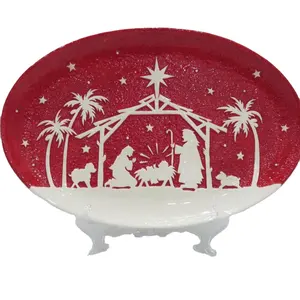 手绘16英寸手工陶瓷圣诞场景耶稣诞生盘地球和平，椭圆形菜肴