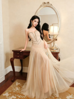Robe de soirée longue personnalisée OEM/ODM, col en V, champagne, sans bretelles, en tulle orné de strass, pour anniversaire, toast ou mariage
