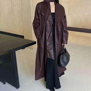 Maxi <span class=keywords><strong>Trench</strong></span> <span class=keywords><strong>in</strong></span> <span class=keywords><strong>ecopelle</strong></span> con Silhouette drappeggiata, elegante abito Vintage da pendolarismo da <span class=keywords><strong>donna</strong></span> con risvolto a scialle - Product Image 2