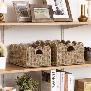 Panier de rangement et de service écologique fait main Ecoka, en rotin naturel, décoratif, forme rectangulaire à bords festonnés, ensemble multifonction - Product Image 4