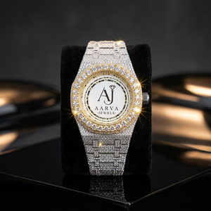 Montre en acier inoxydable Ice Cubed Quartz avec bracelet en cristal, cadran doré, bracelet argenté, 41 mm, cadeau de luxe - Product Image 1