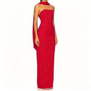 Vestido de Noche Largo Rojo Rubí sin Tirantes con Cuello Tipo Pañuelo Integrado, Tallas S-6XL, Crepé, Vestido Formal para Banquete, Gala, Venta al por Mayor para Boutiques - Product Image 2