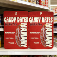 Sachet plat personnalisé à trois soudures latérales avec trou de suspension pour dattes séchées, cola acidulé, végétalien, sans sucre ajouté, idéal pour les snacks riches en fibres