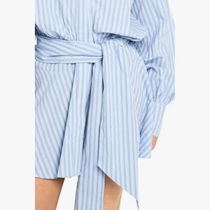 Nouvelle arrivée, robe chemise rayée légère pour femmes, robe courte ample à manches longues avec ceinture à nouer à la taille - Product Image 4