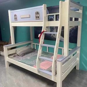 Lit superposé de style château en bois massif européen, double sur double, avec 2 tiroirs, 3 étagères et glissière pour lit mezzanine double - Product Image 6