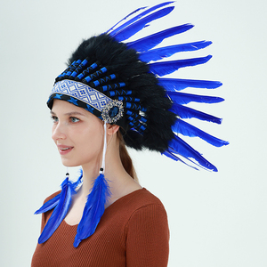 Coiffe indienne élastique douce inspirée du Powwow pour Halloween, avec détails perlés, couleur personnalisable, ajustement confortable, pour costume adulte - Product Image 1