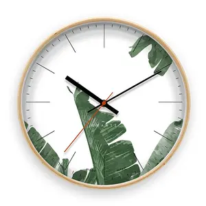 12 인치 녹색 잎 사용자 정의 북유럽 시계 스타일 현대 라운드 나무 벽 시계 석영 선물 시계