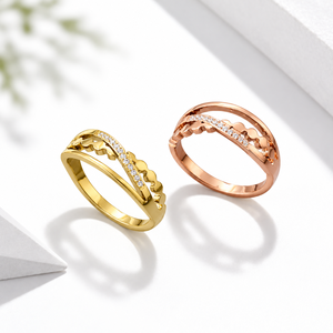 Gold and Rose Gold Stainless Steel Cubic Zirconia Scalloped Crossover <b>Ring</b> - Product Image 1