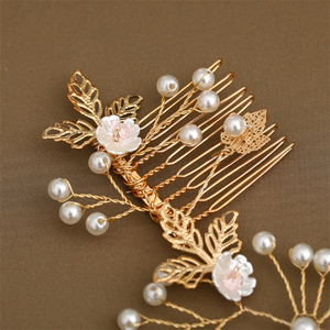 Peignes à cheveux doubles en alliage d'or avec feuilles, strass et perles, bandeau pour mariée, accessoires de <span class=keywords><strong>mariage</strong></span>, bijoux de mariée - Product Image 3