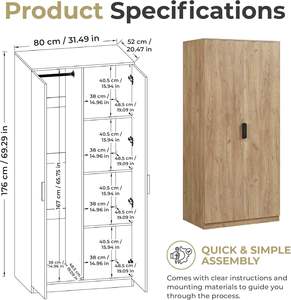 Armoire moderne en bois 2 portes 176X80X52 <span class=keywords><strong>cm</strong></span> avec 1 tringle à vêtements 4 compartiments Aspect chêne - Product Image 2