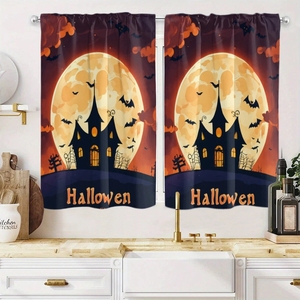 Rideau court à motif de crâne d'Halloween, noir et blanc, pour <span class=keywords><strong>cuisine</strong></span>, chambre, <span class=keywords><strong>salon</strong></span>, décoration intérieure, 2 panneaux personnalisables - Product Image 3